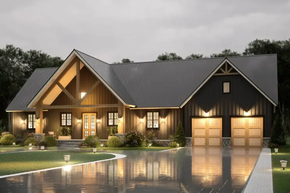 Modern farmhouse front portico with heavy timber joinery and stone pylons