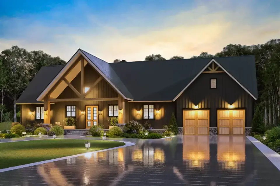 Modern farmhouse rear elevation with deep covered porch and metal roof