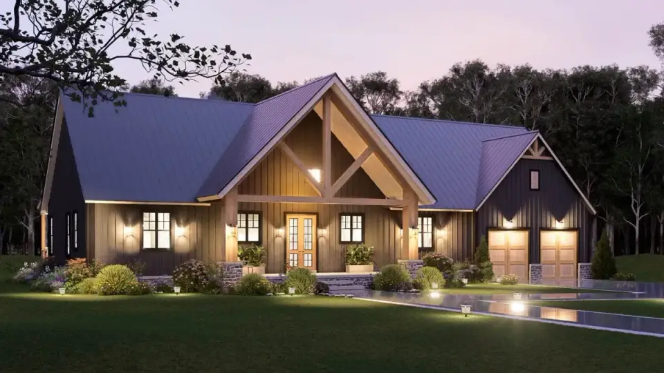 Modern farmhouse side elevation showing wrap around covered porch