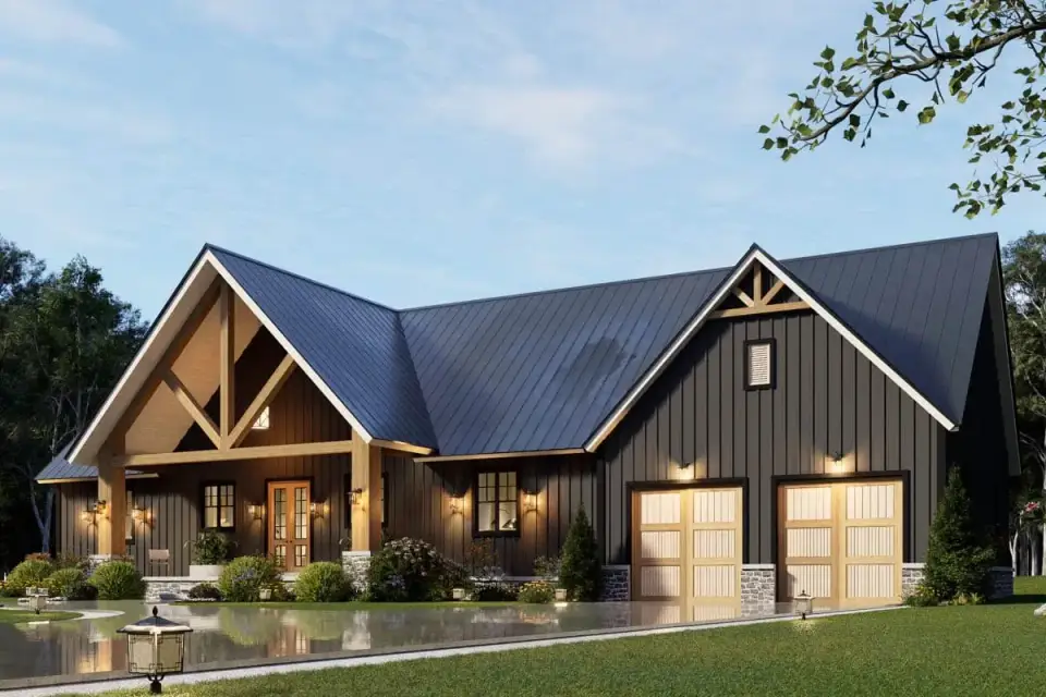 Modern farmhouse exposed timber truss detail at entry gable