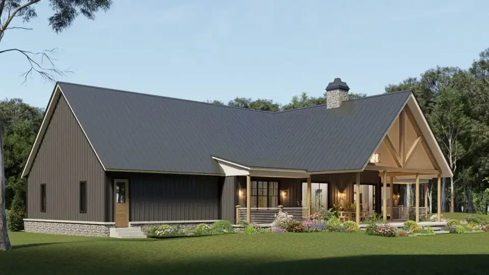 Modern farmhouse twilight exterior with integrated sconce lighting