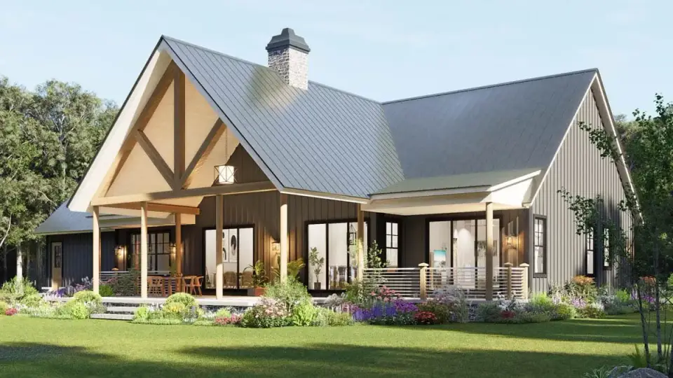 Modern farmhouse landscape integration with wooded mountain setting