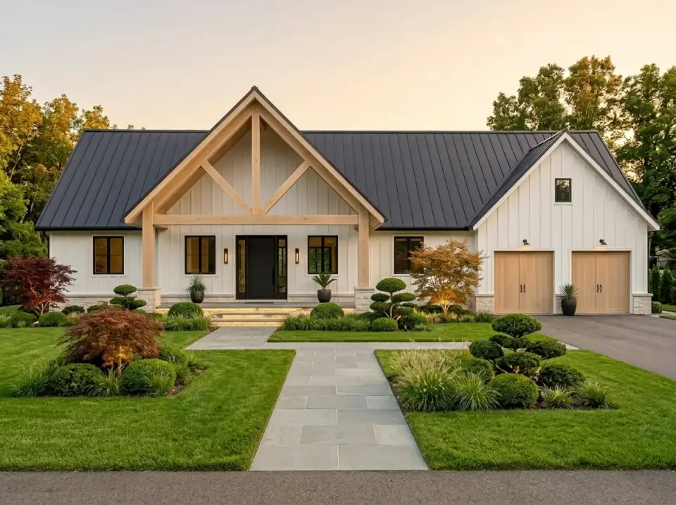 Classic Modern Farmhouse facade with white vertical siding and dark metal roof