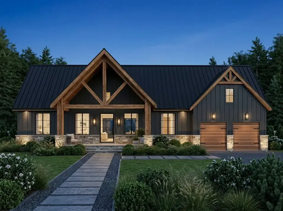 Mountain Lodge Contemporary facade with deep charcoal board and batten and stone water table