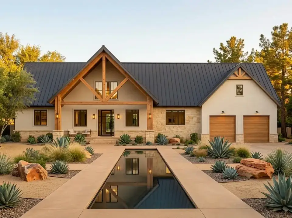 Desert Modern Farmhouse facade with light stucco and agave plantings