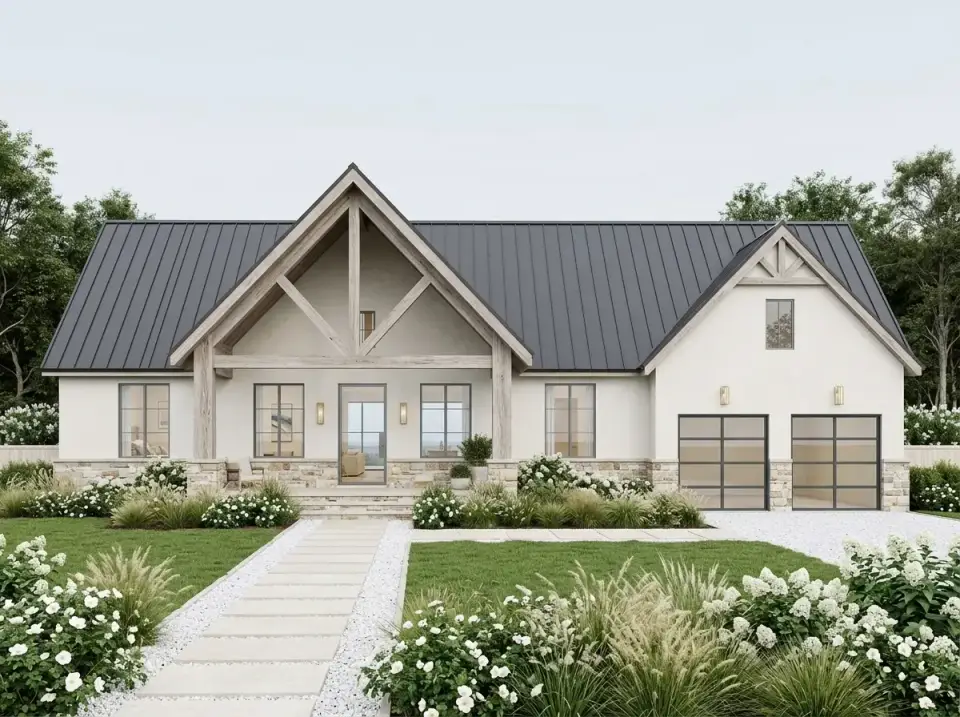 Coastal Minimal Farmhouse facade with off white palette and glass garage doors