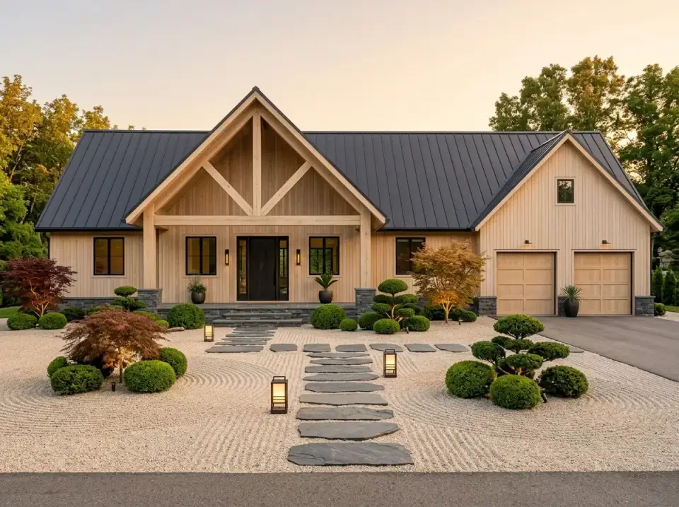 Scandinavian Zen Hybrid facade with natural unstained wood siding and Zen garden
