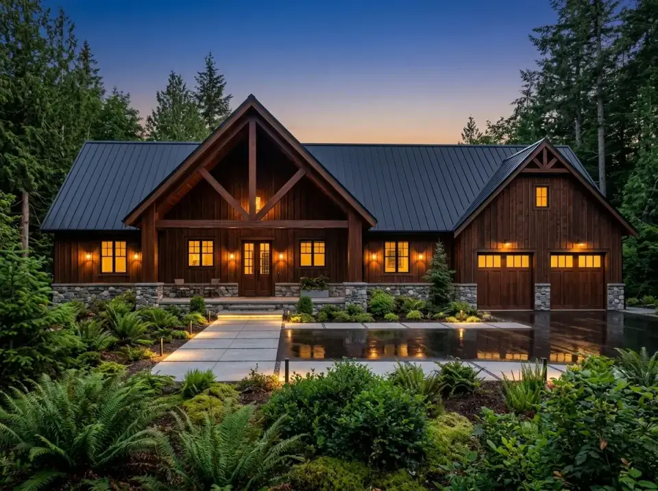 Pacific Northwest Lodge facade with dark stained cedar and stone base