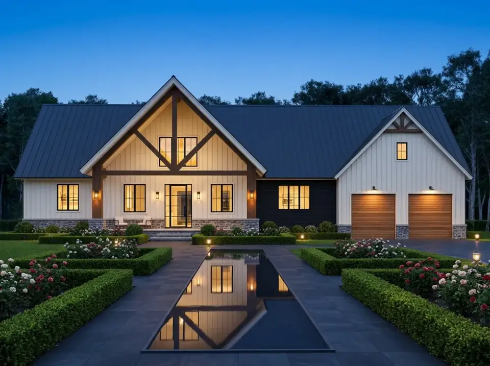 Formal Contemporary Farmhouse facade with white board and batten and reflecting pool
