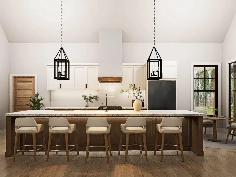 Modern farmhouse kitchen with large island and lantern pendants