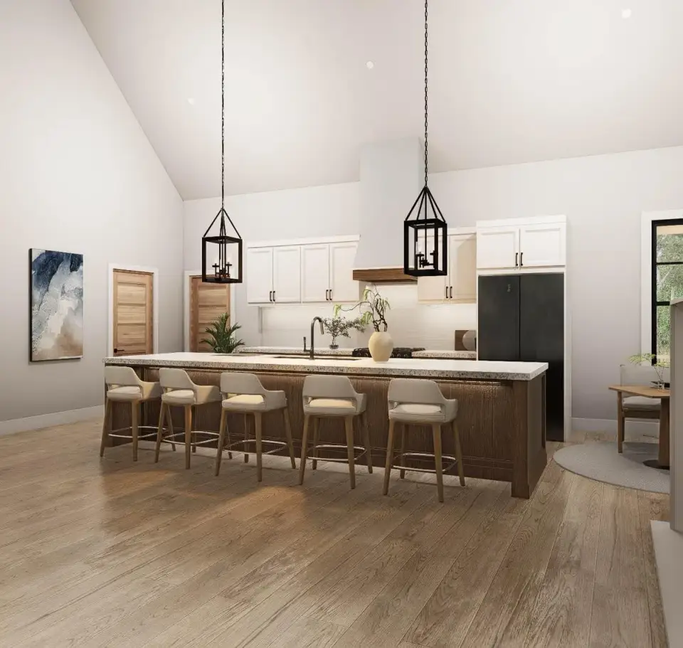 Modern farmhouse primary bedroom with tray ceiling and rear landscape views