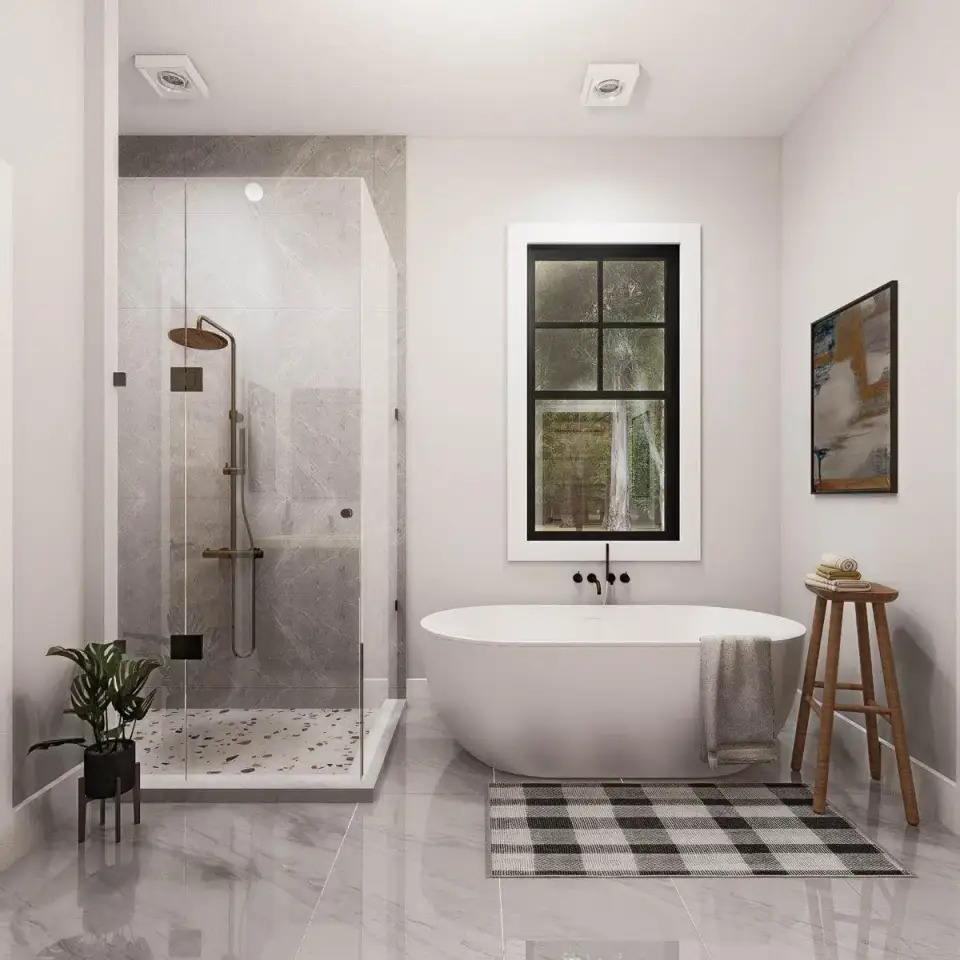 Modern farmhouse primary bathroom with freestanding tub and full height tile shower