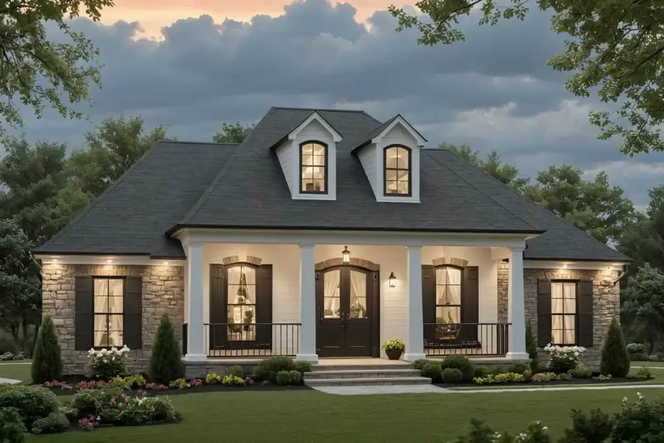 Front elevation of 1,888 sq ft French Country ranch with hip roof, gabled dormers, stone skirt, board-and-batten siding, and covered front porch with timber columns