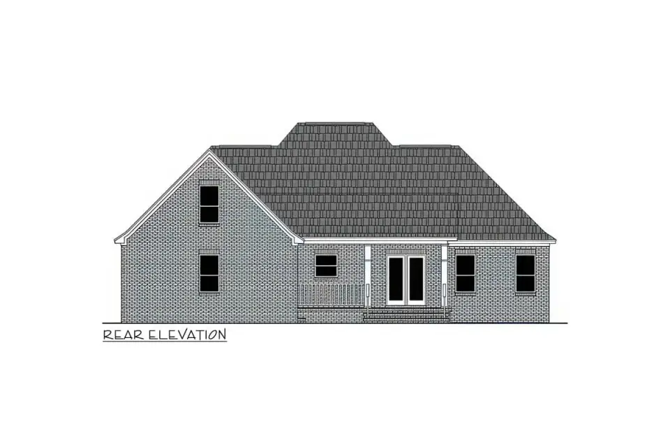 Angled view showing side-entry garage connection and rear porch with dark window frames and board-and-batten siding
