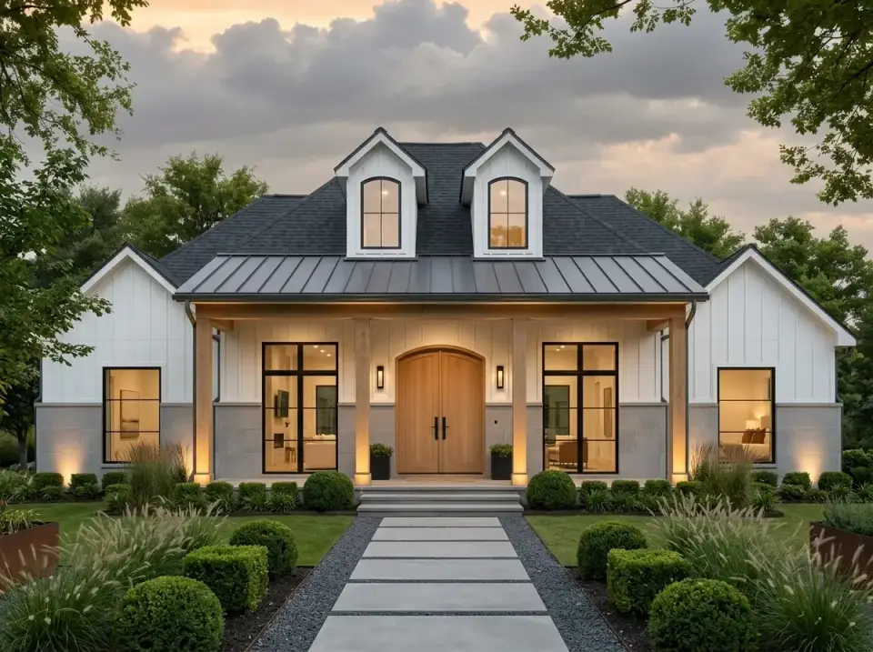 Bright modern farmhouse facade with white board-and-batten siding, natural light wood columns, standing seam porch roof, and dark architectural shingle main roof