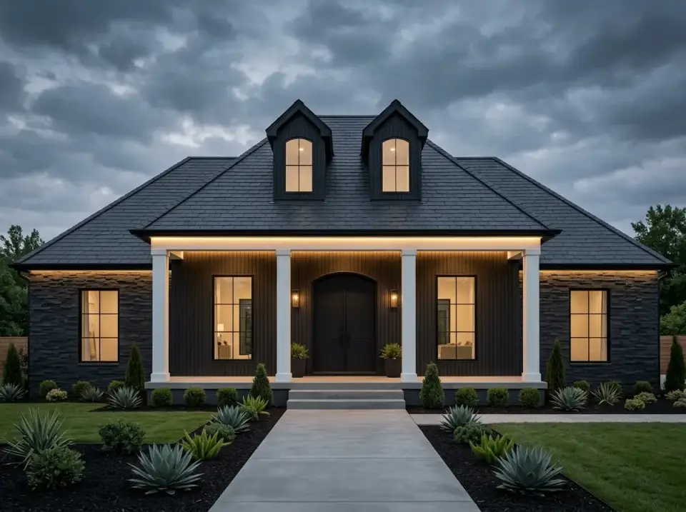 Dramatic monochrome facade with dark charcoal stone veneer, black roof, black window frames, white columns, and architectural agave landscaping