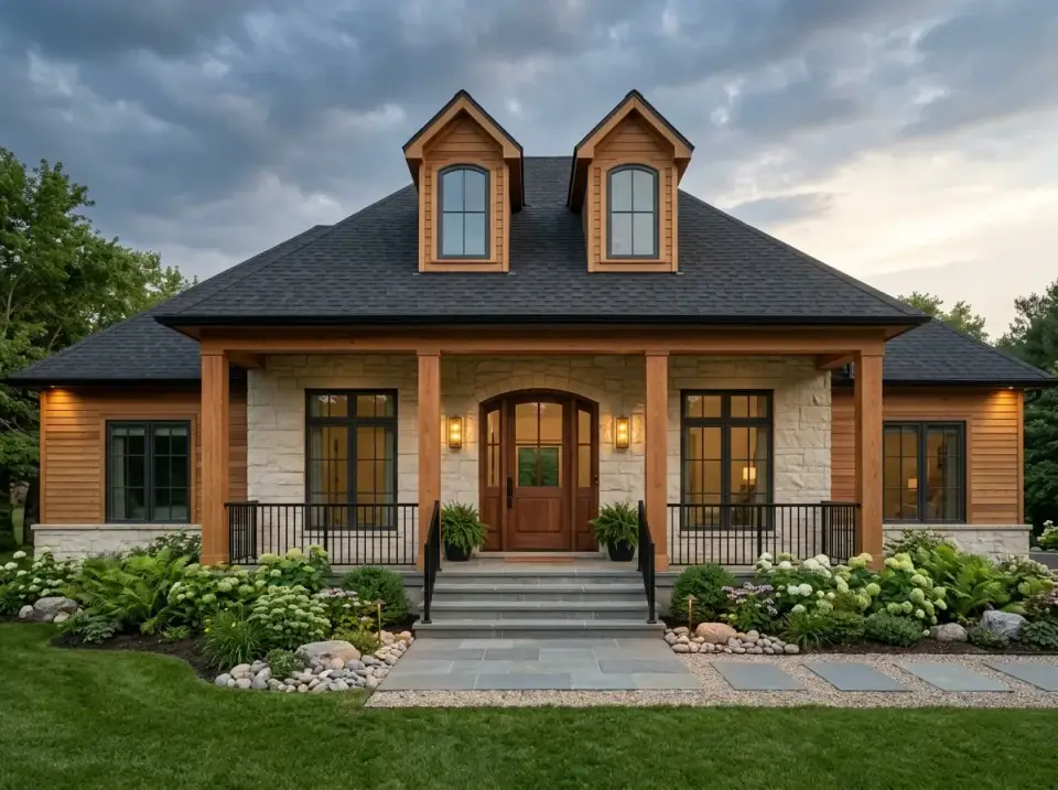 Warm craftsman ranch facade with horizontal cedar siding, light stone veneer foundation, heavy timber porch columns, and lush hydrangea landscaping