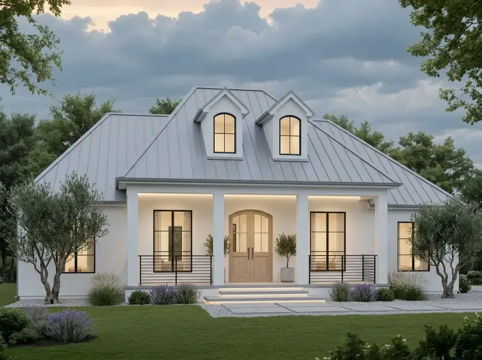 Modern Mediterranean coastal facade with light gray standing seam metal roof, white stucco walls, light wood arched door, and olive tree lavender landscaping