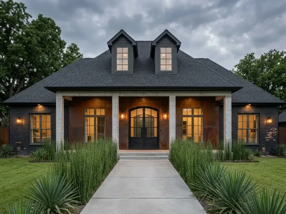 Industrial facade with dark gray painted brick, weathered Corten steel panel accents, concrete columns, steel and glass front door, and horsetail reed landscaping