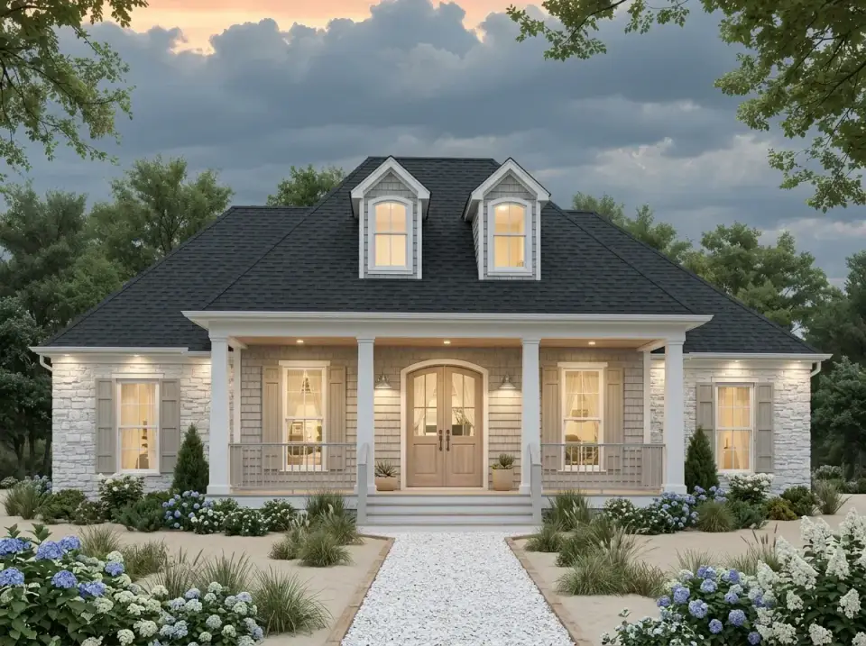 Traditional coastal shingle facade with light gray cedar shake siding, white stone veneer skirt, light blue-gray shutters, and hydrangea and dune grass landscaping