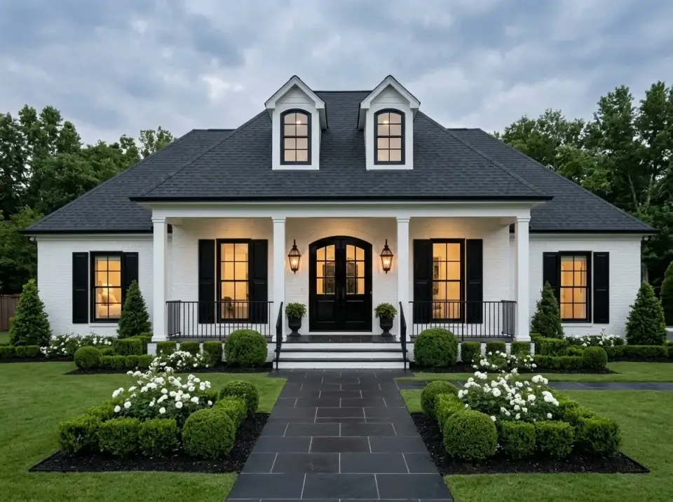 Classic high-contrast revival facade with white painted brick, black shutters and door, black window frames, dark slate roof, and formal boxwood landscaping