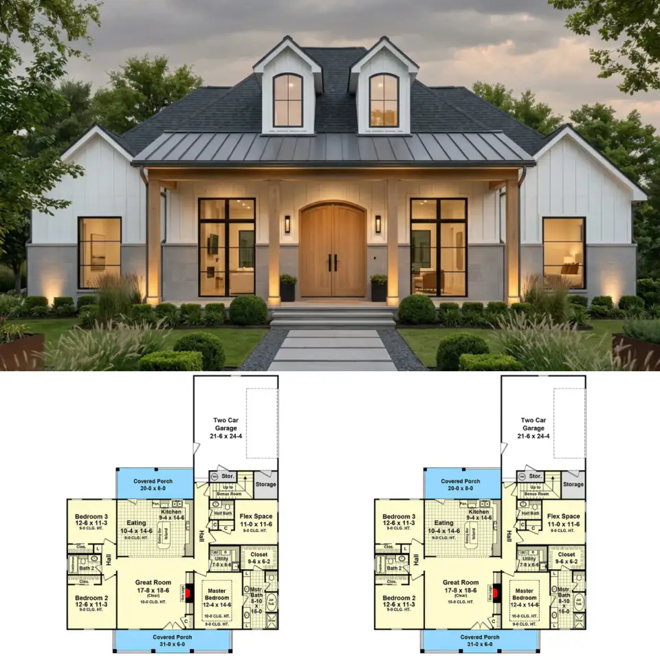 Modern Farmhouse Ranch Plan with Split Bedroom Layout and Bonus Room