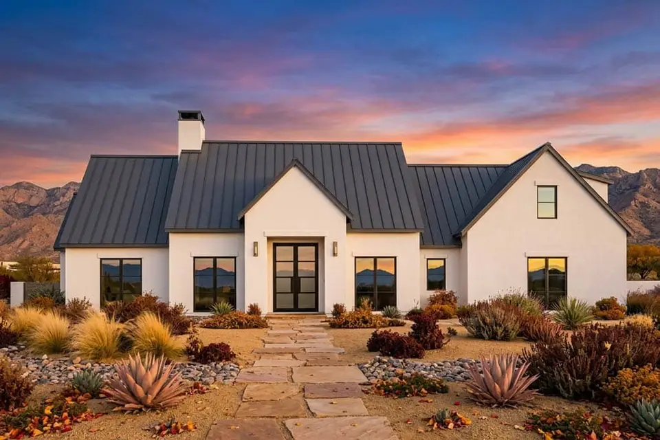 Front view of plan 818204JSS with a desert landscape of agave and ornamental grasses and a flagstone entry walk