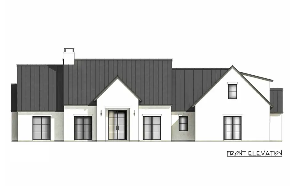 Front elevation drawing of plan 818204JSS showing the central entry gable, flanking gables, chimney and black window grid