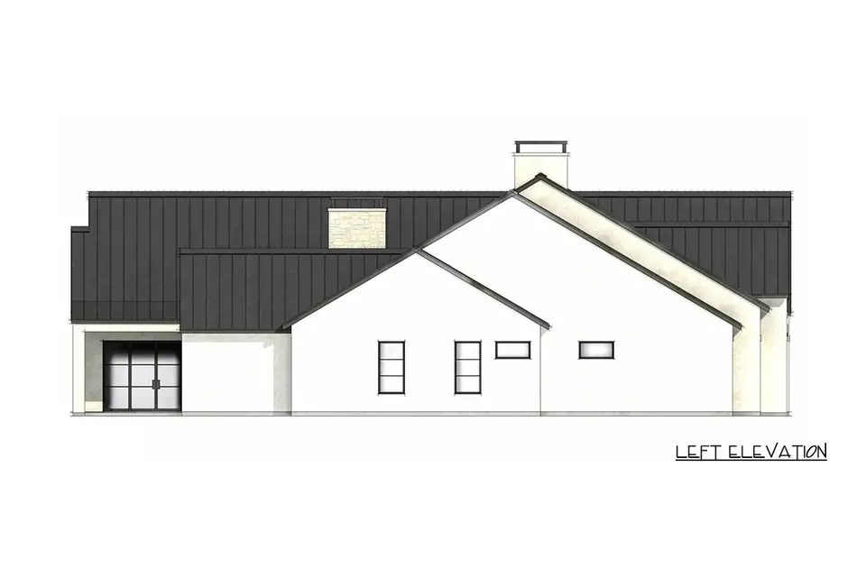 Left elevation drawing of plan 818204JSS with the bedroom wing gables and standing-seam roof