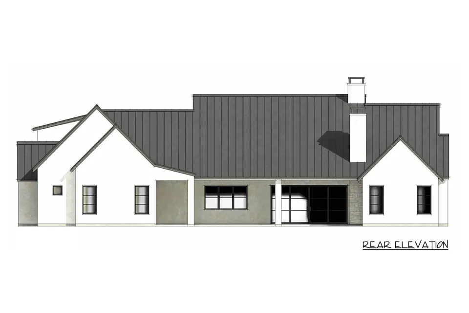 Rear elevation drawing of plan 818204JSS with the covered back porch, outdoor fireplace chimney and wide openings