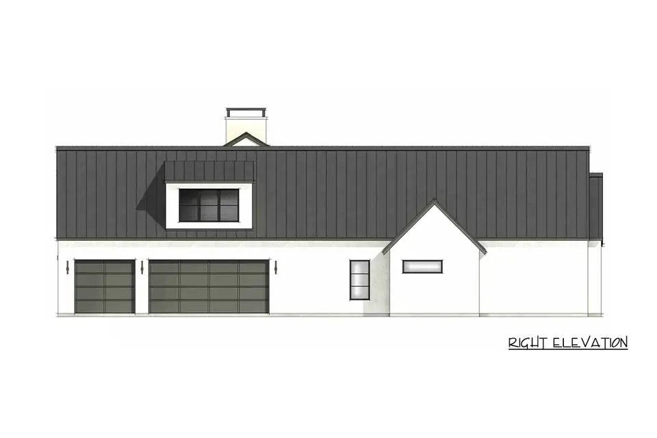 Right elevation drawing of plan 818204JSS showing the side-entry 3-car garage doors and the bonus room dormer