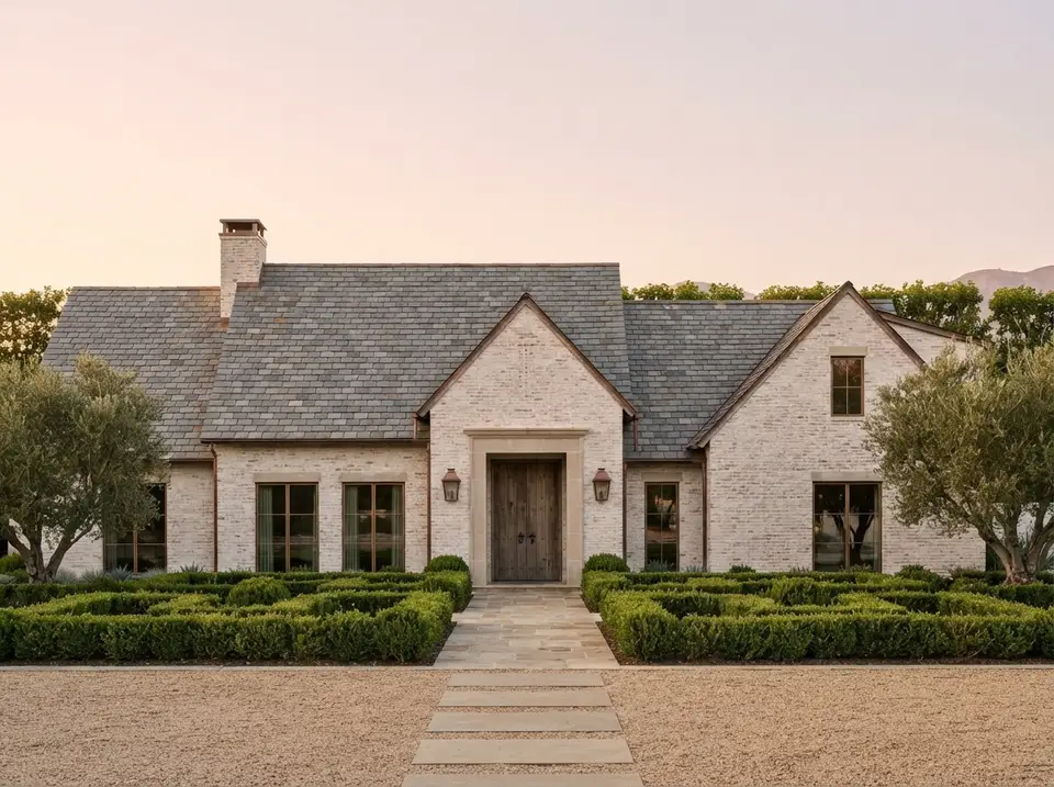 Plan 818204JSS, one of the most adaptable transitional house plans, shown with limewashed white brick, a slate roof and a boxwood parterre