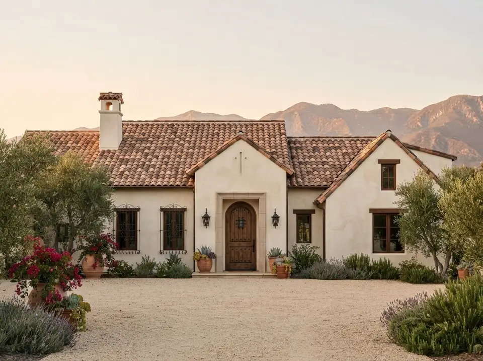 Santa Barbara Spanish facade of plan 818204JSS with cream stucco, terracotta barrel tile roof, arched wood door, iron window grilles and bougainvillea