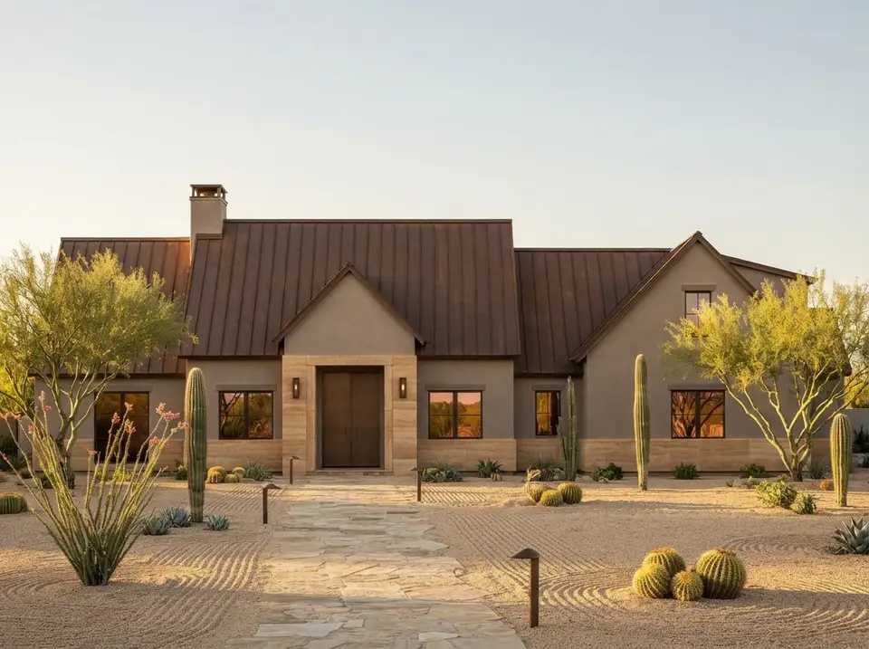Desert contemporary facade of plan 818204JSS with taupe stucco, sandstone entry, copper-brown standing-seam roof, saguaro and palo verde trees