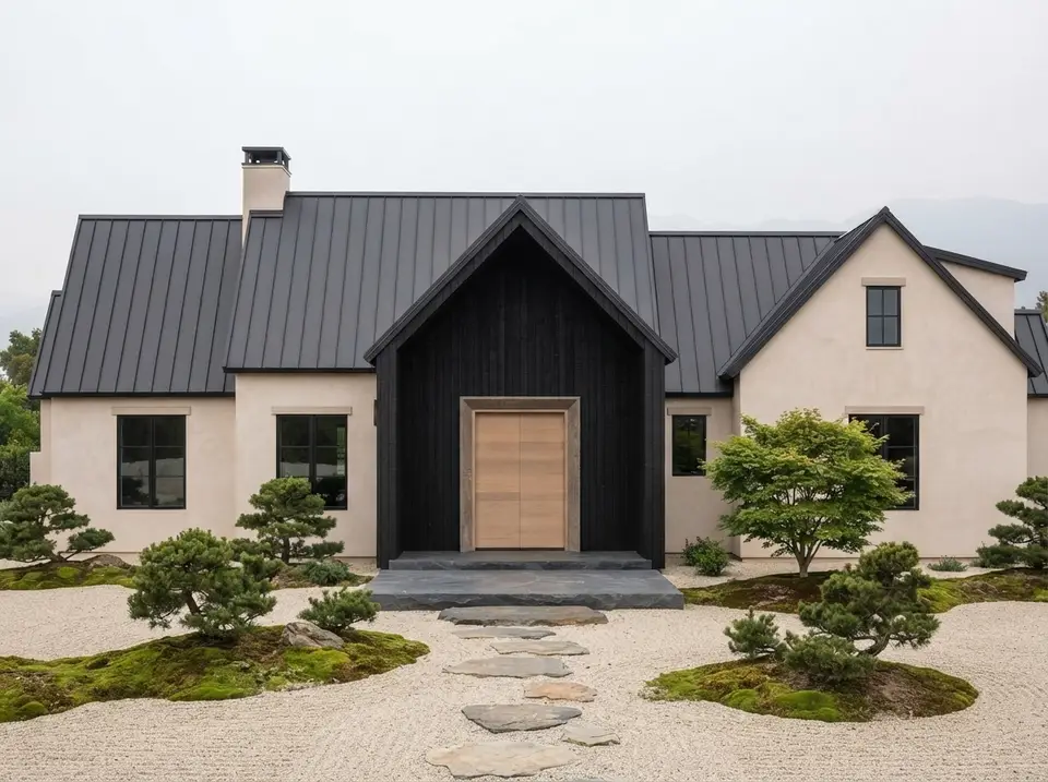 Japandi minimal facade of plan 818204JSS with pale plaster, charred black cedar entry gable, light timber door, raked gravel and dwarf pines
