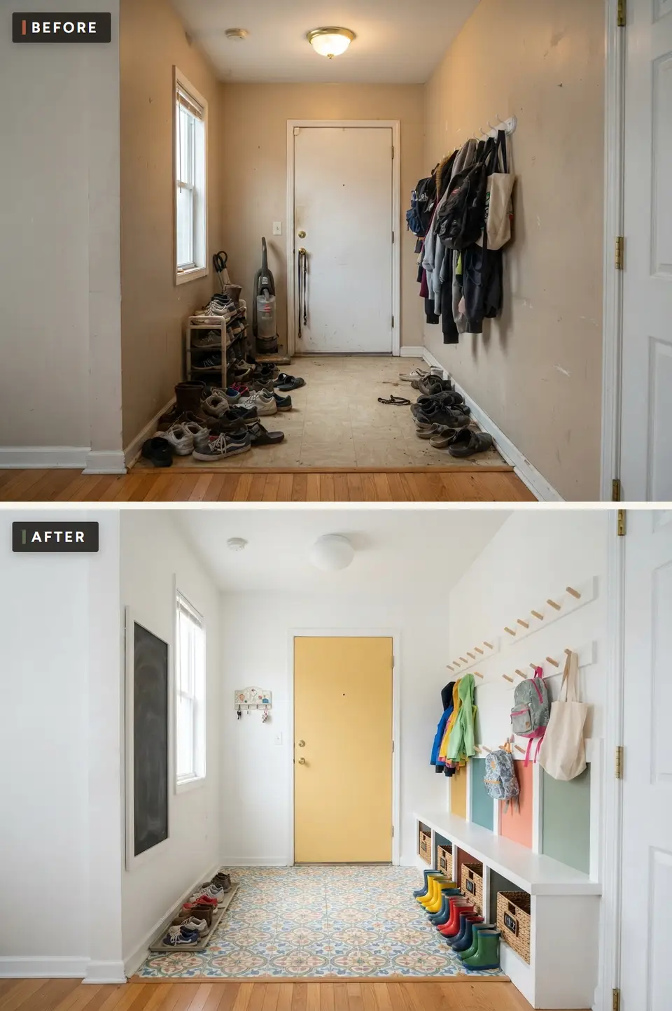 Before and after of a back hall turned into a colorful family mudroom with patterned floor tile, a white bench with open cubbies, a peg rail and a soft yellow door