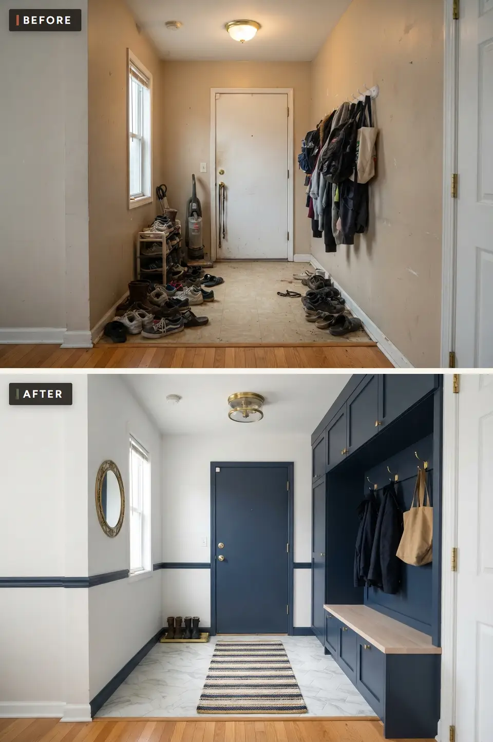 Before and after of a back hall turned into a navy mudroom with a floor-to-ceiling built-in run, upper cabinets, brass hooks, a long oak bench and marble-look tile