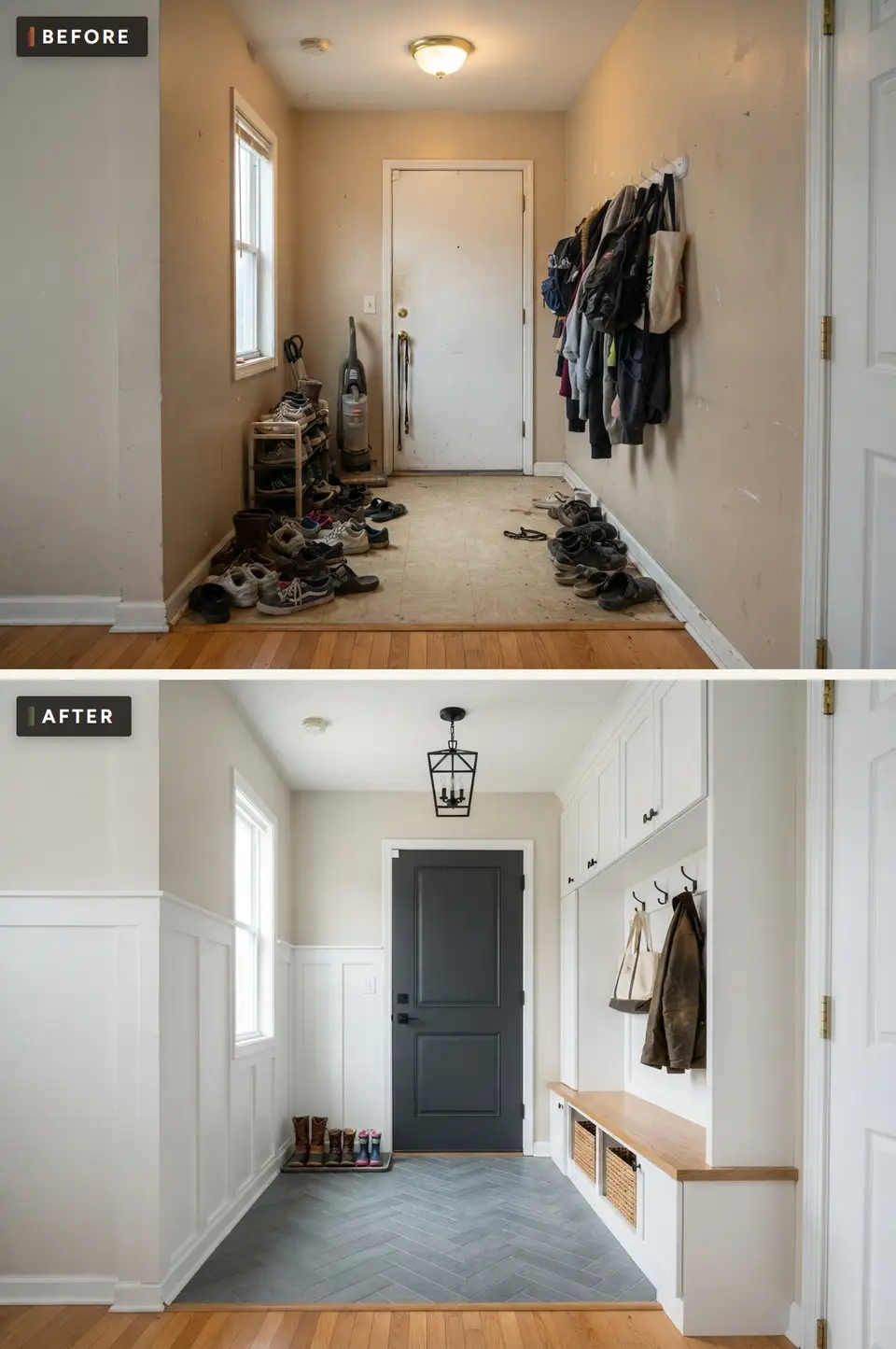 Before and after of a cluttered back hall turned into a classic white mudroom with built-in lockers, beadboard wainscoting, woven baskets and a grey herringbone tile floor