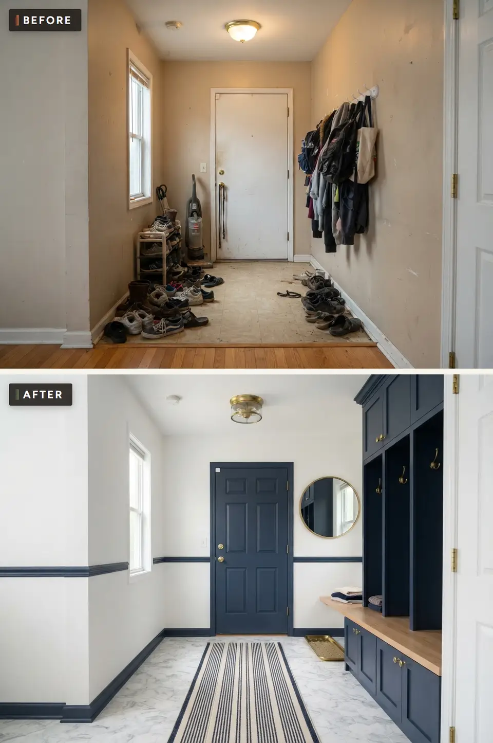 Before and after of a back hall turned into a navy mudroom with open lockers, brass hooks, an oak bench top, a round mirror and marble-look tile