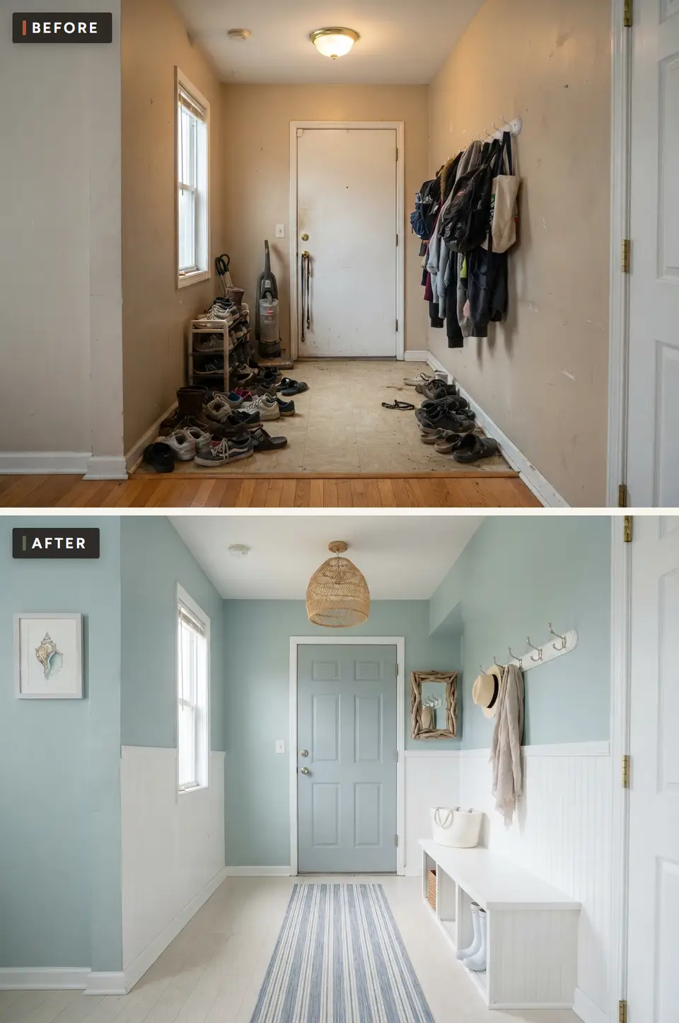 Before and after of a back hall turned into a coastal cottage mudroom with pale sea-glass blue walls, white beadboard, a white bench with baskets and a woven rope pendant