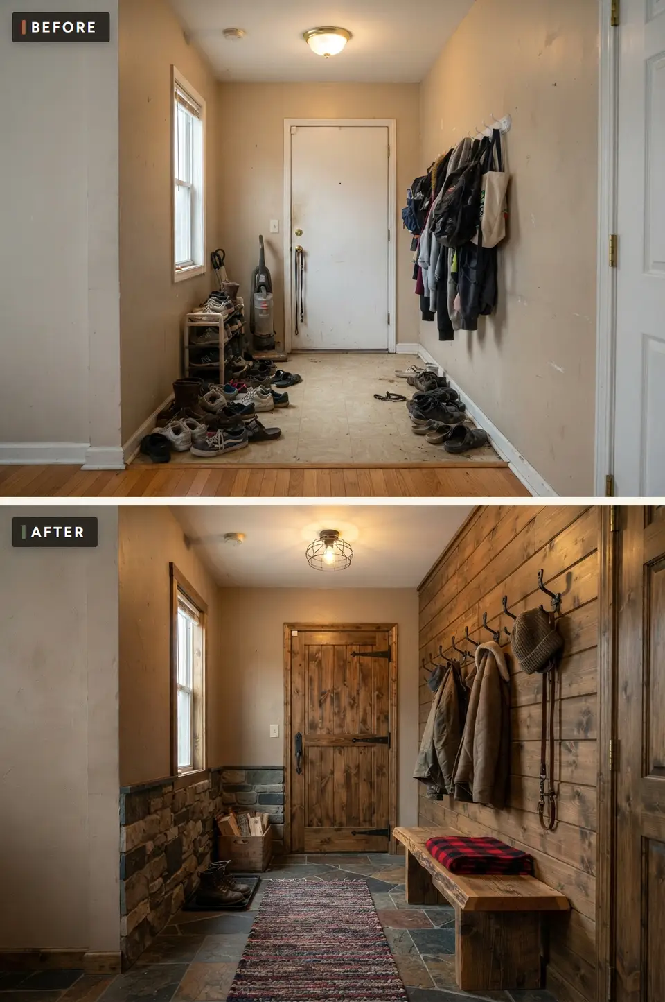 Before and after of a back hall turned into a rustic cabin mudroom with knotty pine plank walls, a slate floor, a reclaimed timber bench and black iron hooks