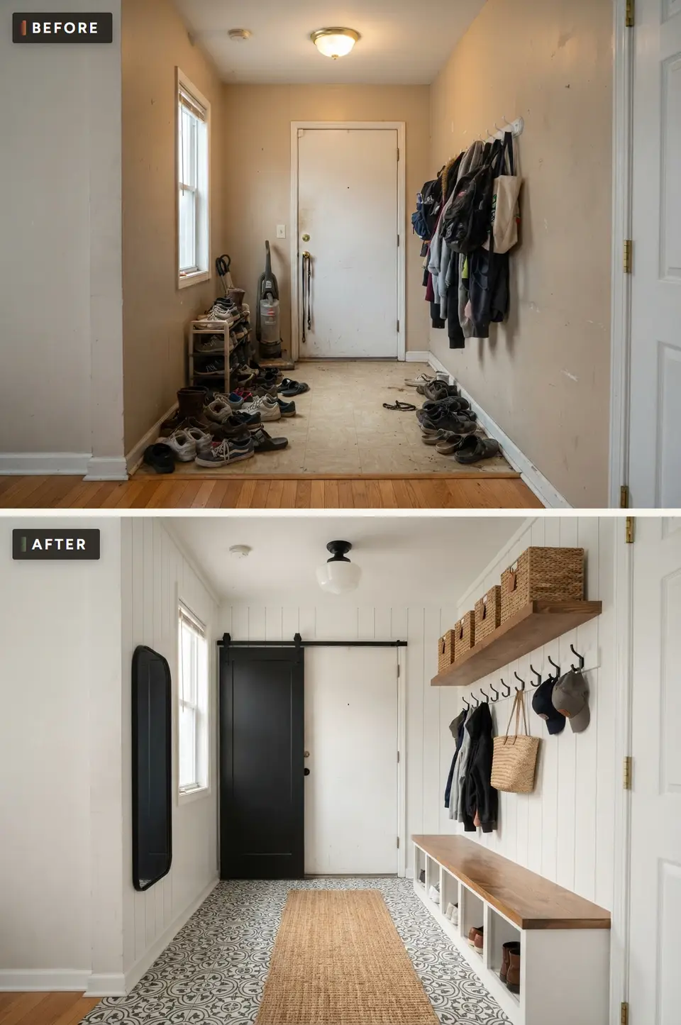 Before and after of a back hall remodeled as a modern farmhouse mudroom with white board and batten, a black sliding barn door, an oak bench with cubbies and patterned cement tile