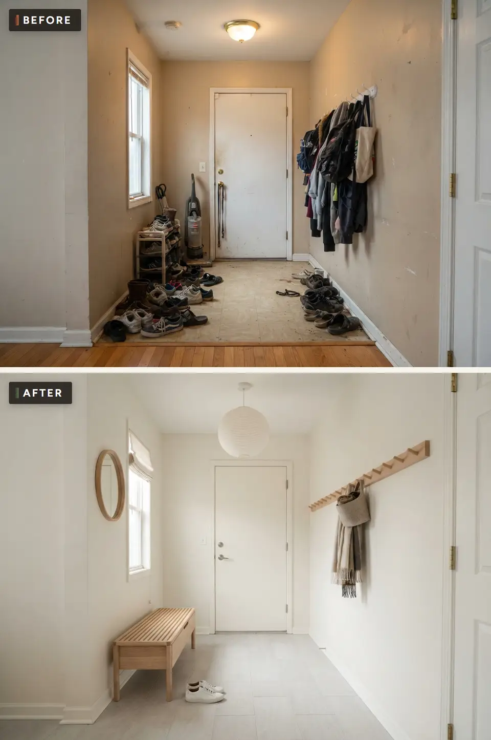 Before and after of a back hall turned into a Scandinavian minimal entry with a long oak peg rail, a slatted oak bench, a paper globe pendant and pale limestone-look tile