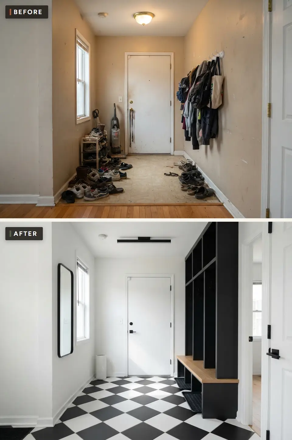 Before and after of a back hall turned into a graphic black and white mudroom with full-height black cabinets, an oak bench top, a black and white checkerboard floor and a linear black light
