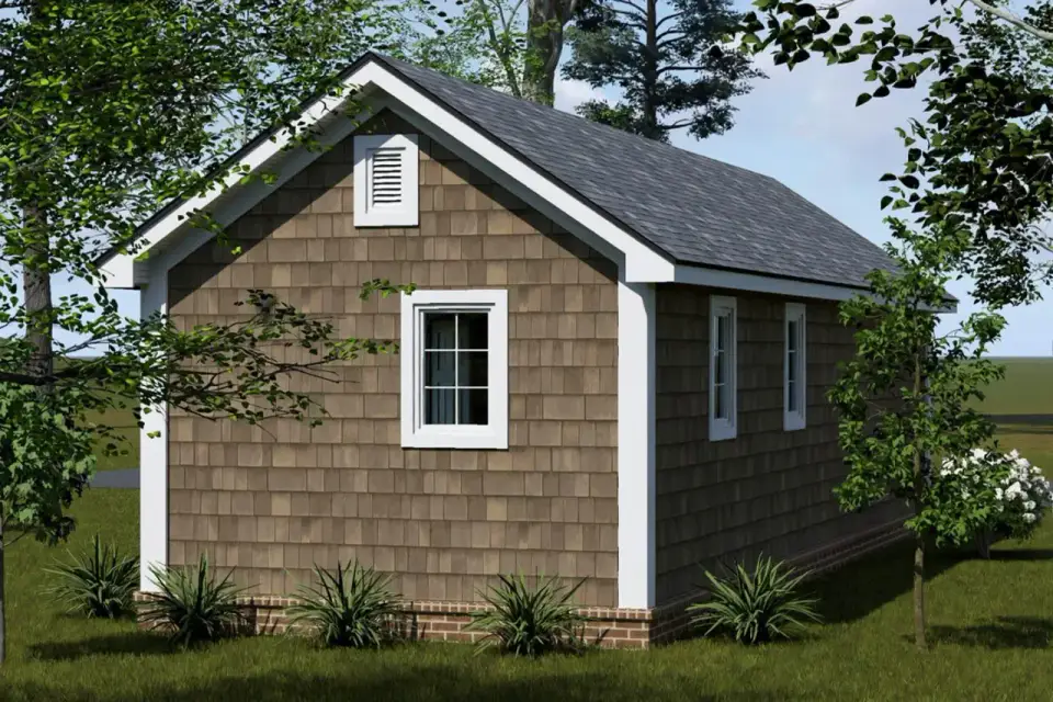 Plan 52530WM angled exterior view showing the projecting gabled entry porch with knee braces and shingle-clad cottage massing
