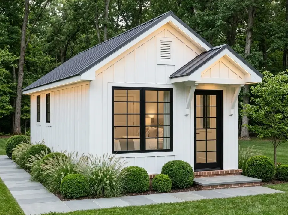 Plan 52530WM Modern Farmhouse facade with vertical white board-and-batten siding dark standing-seam metal roof black-framed windows and glass entry door