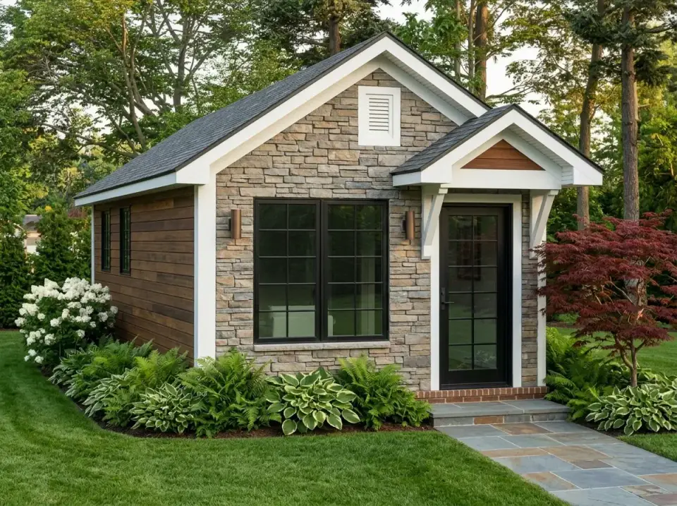 Plan 52530WM Rustic Stone facade with full-height stone veneer horizontal stained-wood side siding black window frames and shade plantings