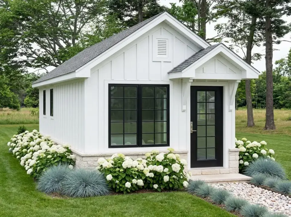 Plan 52530WM Bright Cottage facade with all-white vertical siding light limestone foundation black window grids and white hydrangea plantings