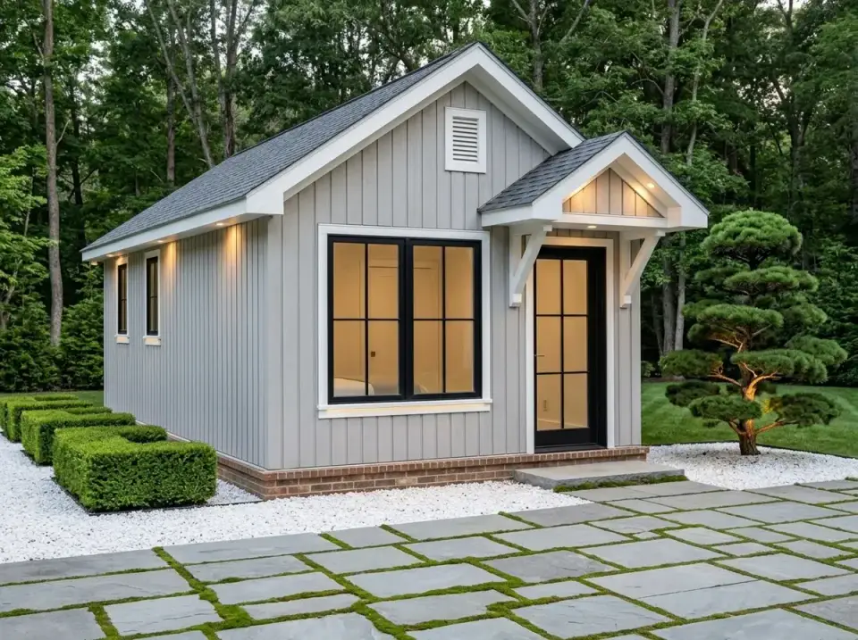 Plan 52530WM Transitional Gray facade with pale gray horizontal siding white trim existing brick water table boxwood hedges and moss-jointed stone pavers