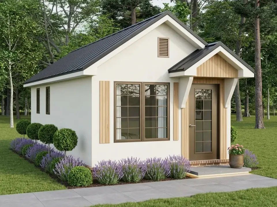 Plan 52530WM Soft Contemporary facade with smooth white plaster walls natural wood shutters wood-clad entry gable dark metal roof and lavender plantings